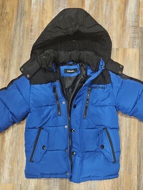 Diesel Blue and Black Kids Hooded Puffer Coat